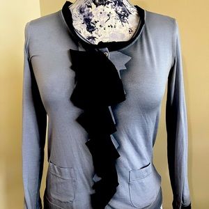 Prada Silk Button Down Top W/Black ruffles and trim